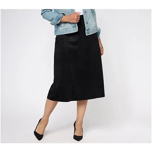 Susan Graver Petite Knit Faux Suede Paneled Midi Skirt Black Pet XL - Picture 1 of 1